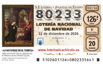 Anverso del d&eacute;cimo 80233 de la Loter&iacute;a de Navidad 2026, de Benifair&oacute; de la Valldigna (Valencia)